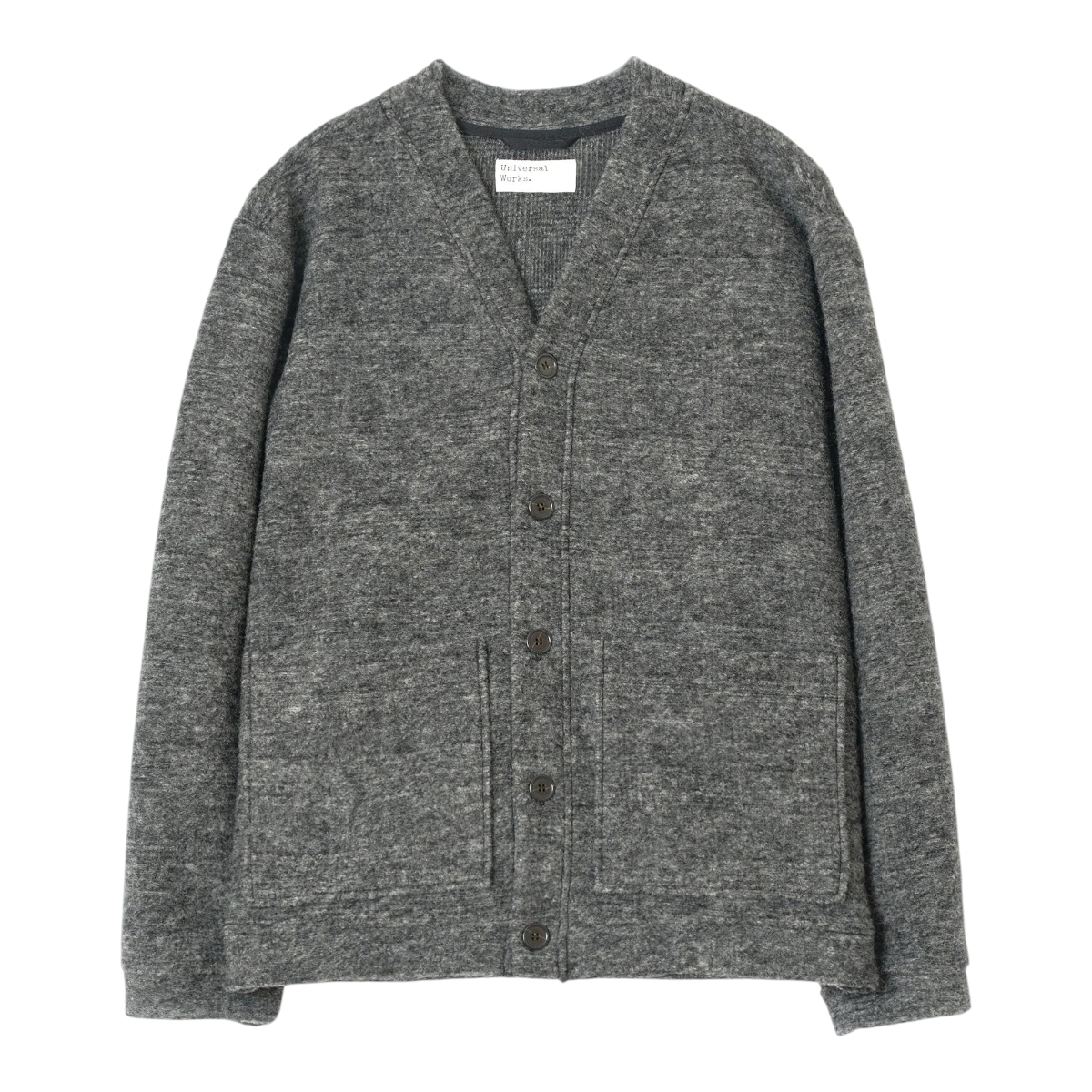 MILWORKS grey marl wool mix knit cardigan with a boxy fit, V-neck, button front, and two large patch pockets.