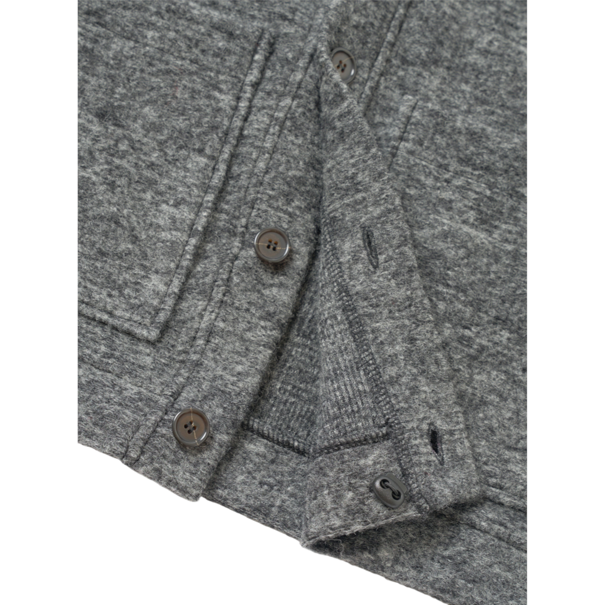 MILWORKS grey marl wool mix knit Advance cardigan featuring button-up front and large patch pocket detail.
