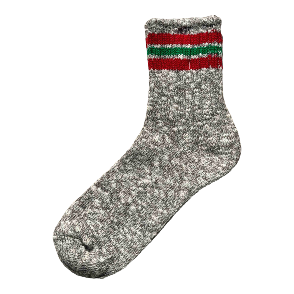 MILWORKS A Hope Hemp thick grey cotton hemp blend sock with red and green striped cuff made in Japan