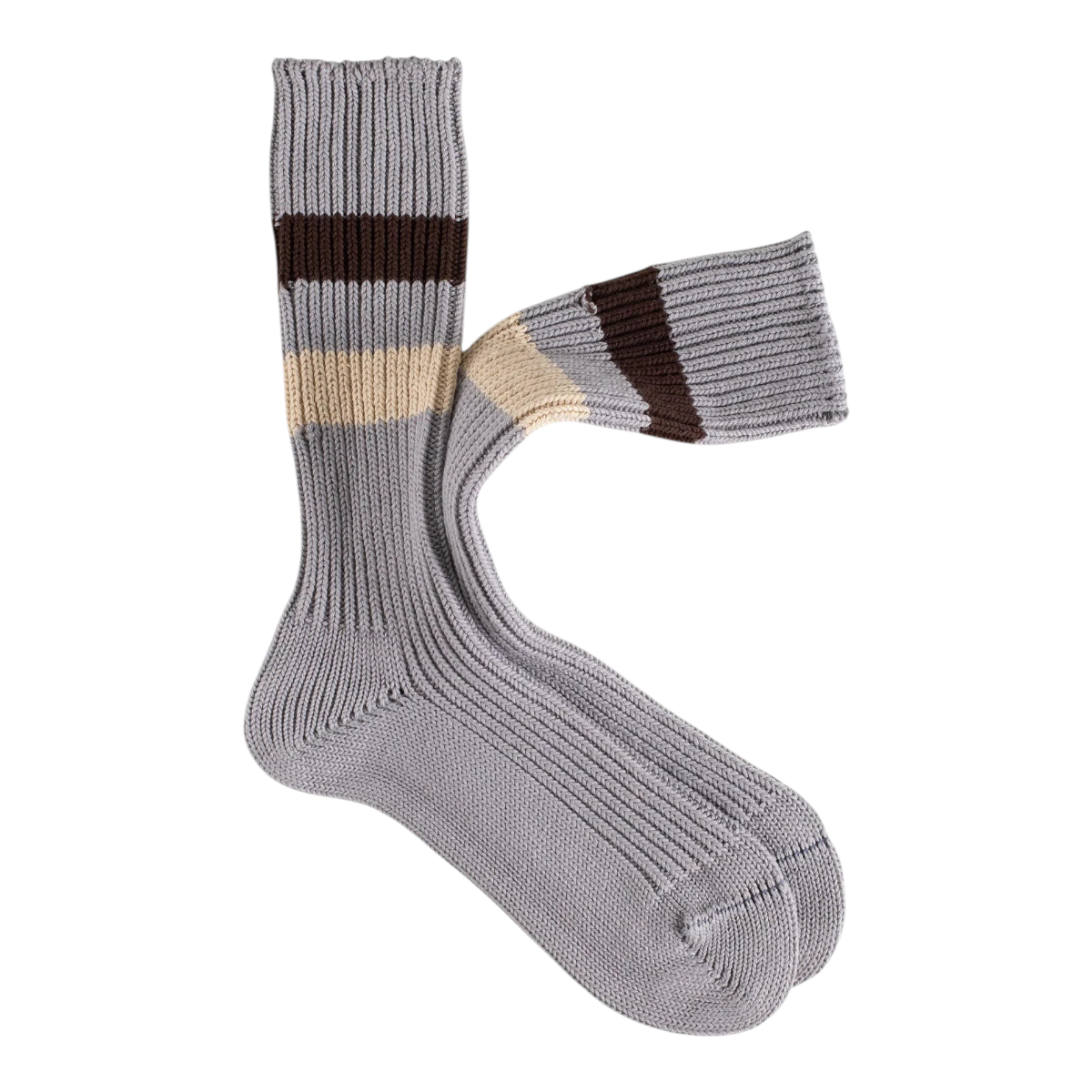 MILWORKS Urban collection grey cotton ribbed socks with brown and beige contrast stripes on the leg