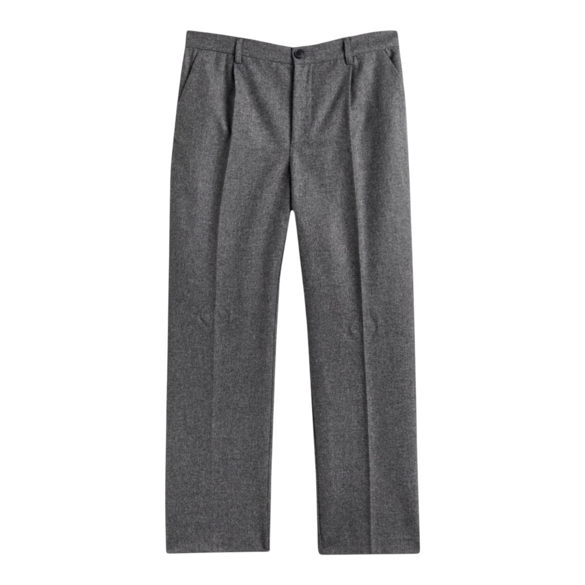 MILWORKS grey single pleat trousers made from 100% virgin wool with a tailored fit and recycled polyester buttons.
