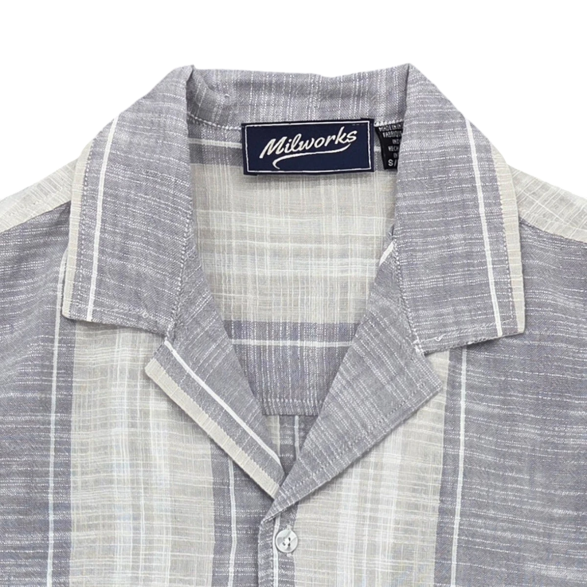 MILWORKS grey and white woven striped cotton camp shirt with a spread collar and button closure.