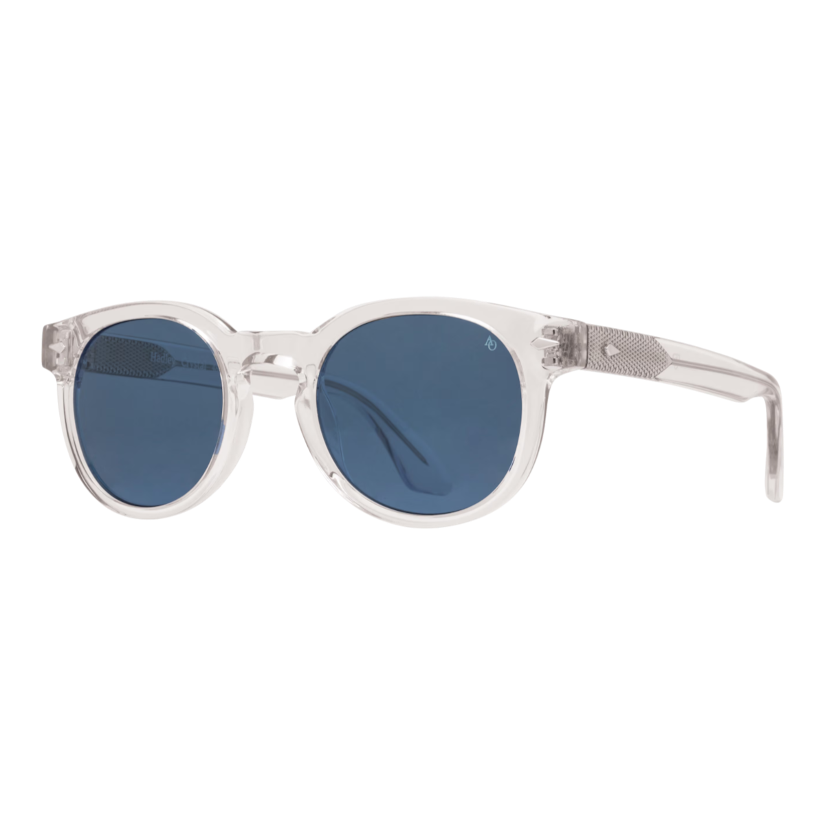 MILWORKS Hadley sunglasses featuring a clear crystal P3 frame, keyhole bridge, and blue polarized nylon lenses.