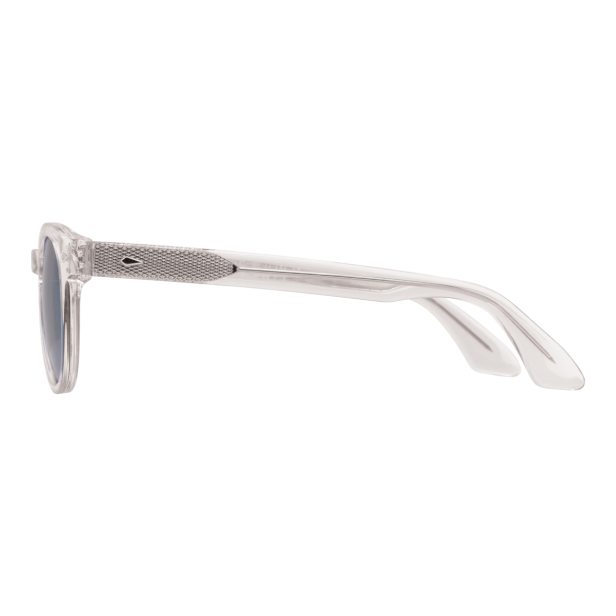 MILWORKS Hadley sunglasses featuring a clear crystal frame, P3 rounded shape, and textured temple detail.