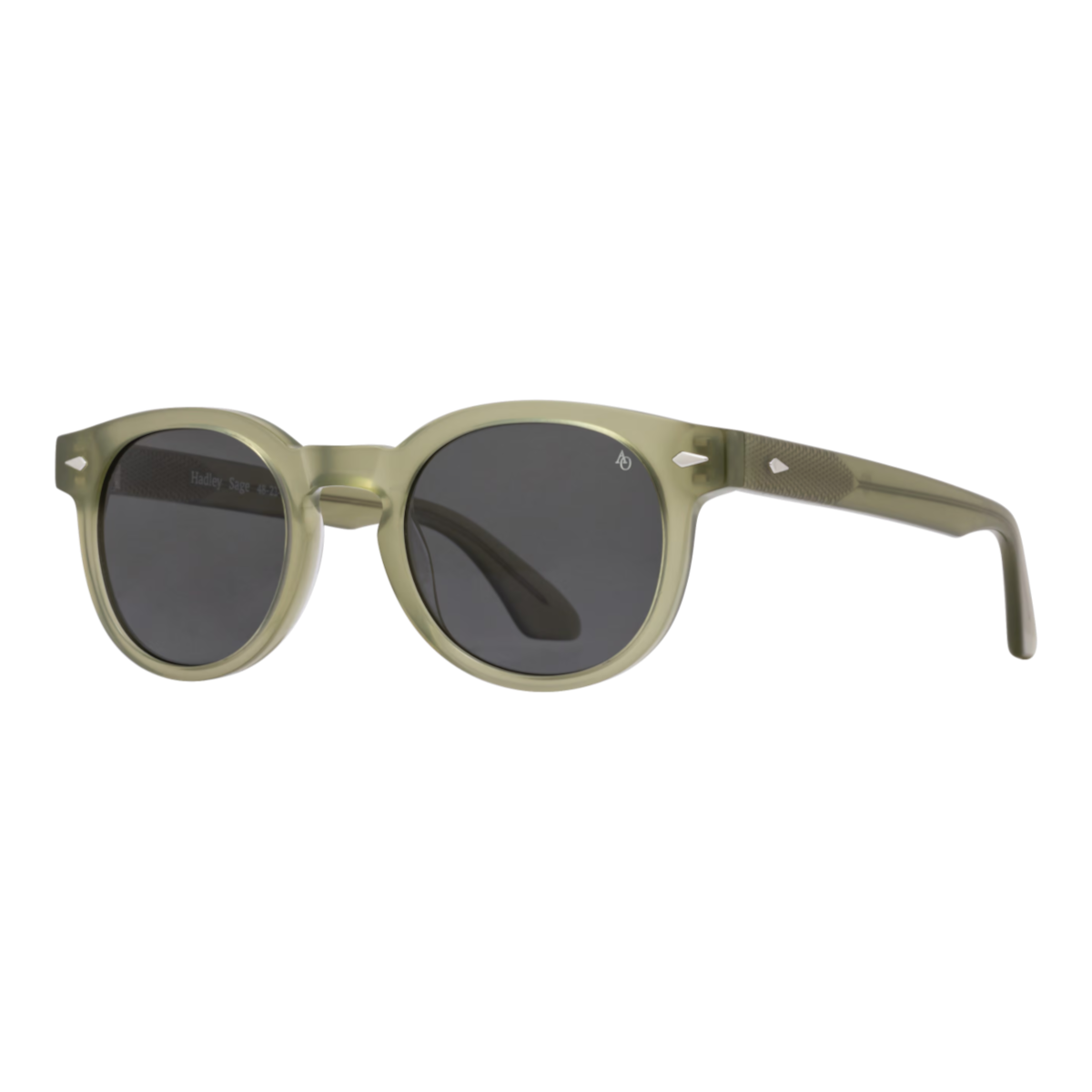 MILWORKS Hadley sunglasses featuring a sage green P3 frame, keyhole bridge, and grey polarized AOLite nylon lenses.