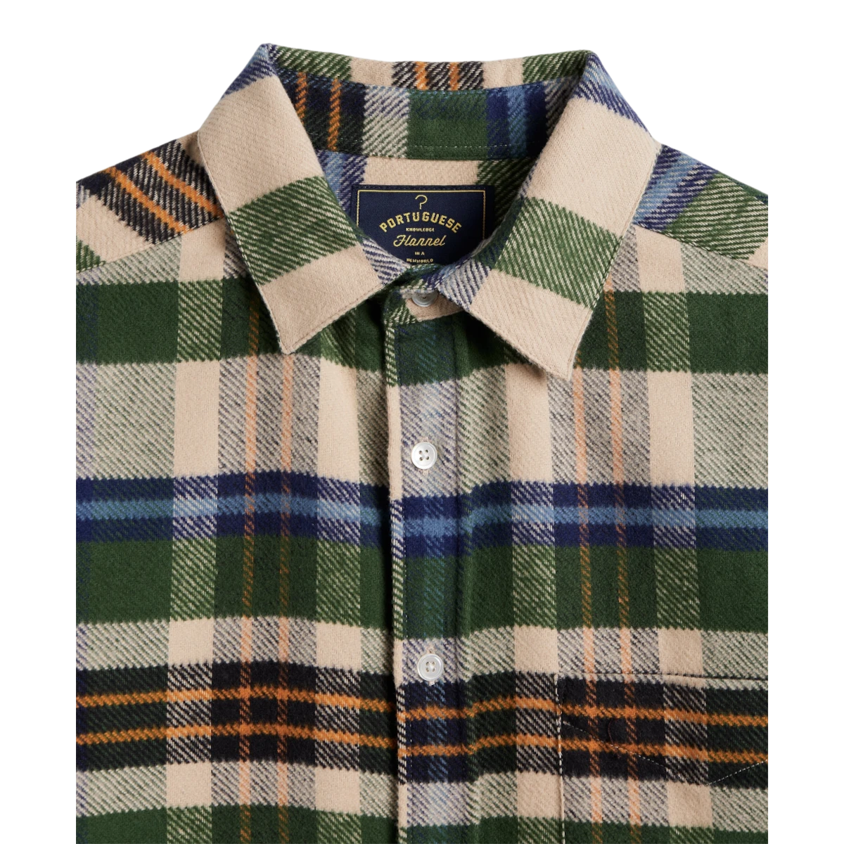MILWORKS Harbor Plaid Flannel Shirt in green, beige, and blue cotton with mother of pearl buttons