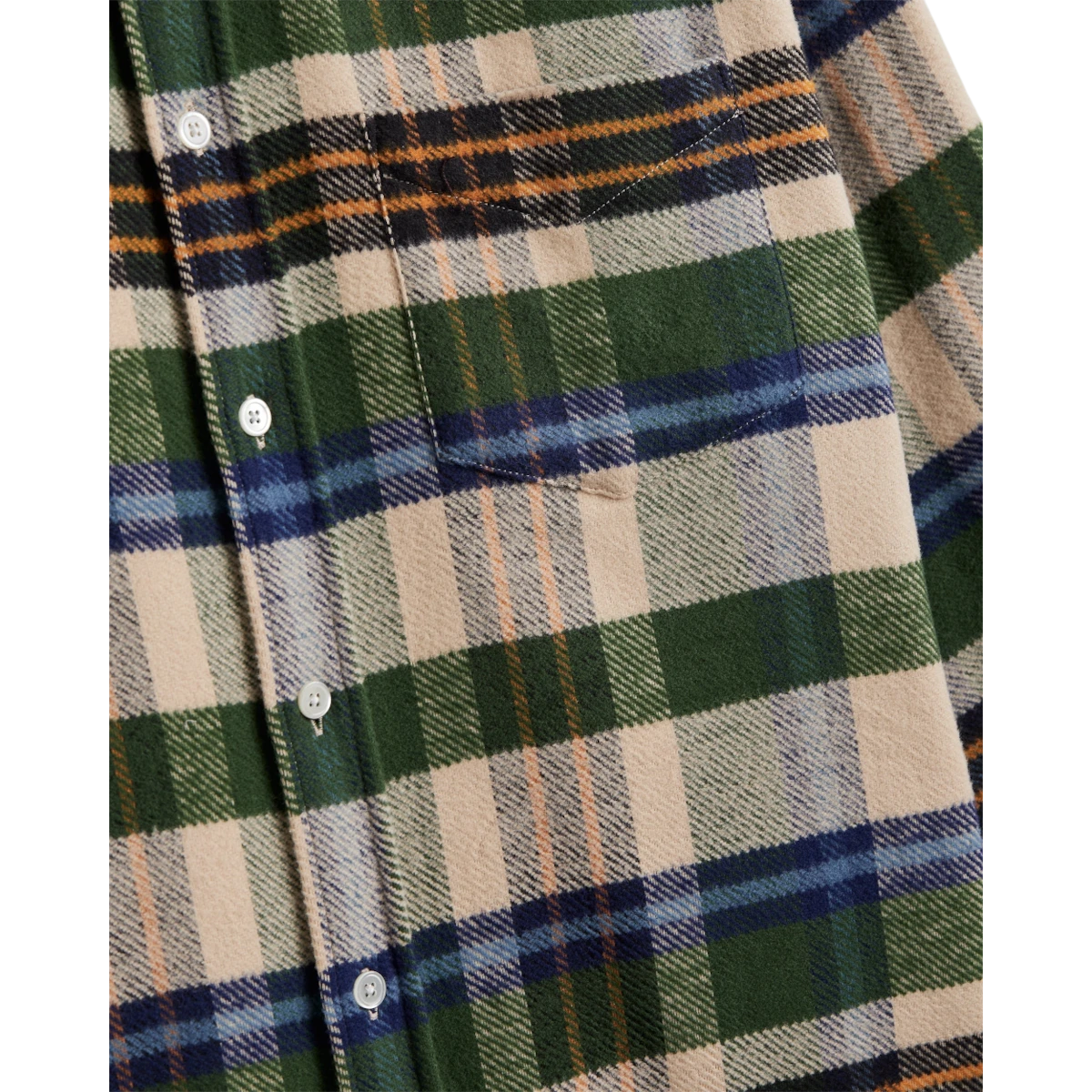 MILWORKS Harbor plaid flannel shirt in green, beige, and blue cotton with mother of pearl buttons and chest pocket