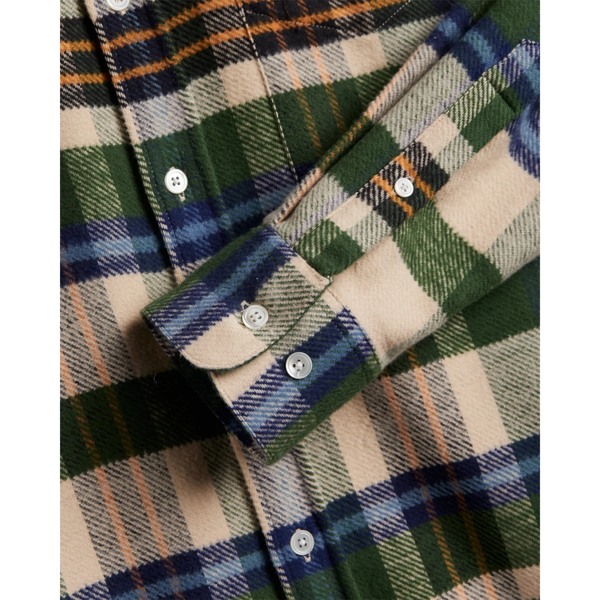 MILWORKS Harbor plaid flannel shirt in green and beige cotton with mother of pearl buttons and buttoned cuffs