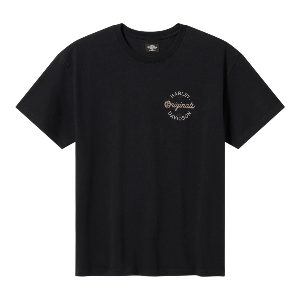 MILWORKS black heavyweight cotton jersey t-shirt with Harley-Davidson Originals script logo on the chest pocket.