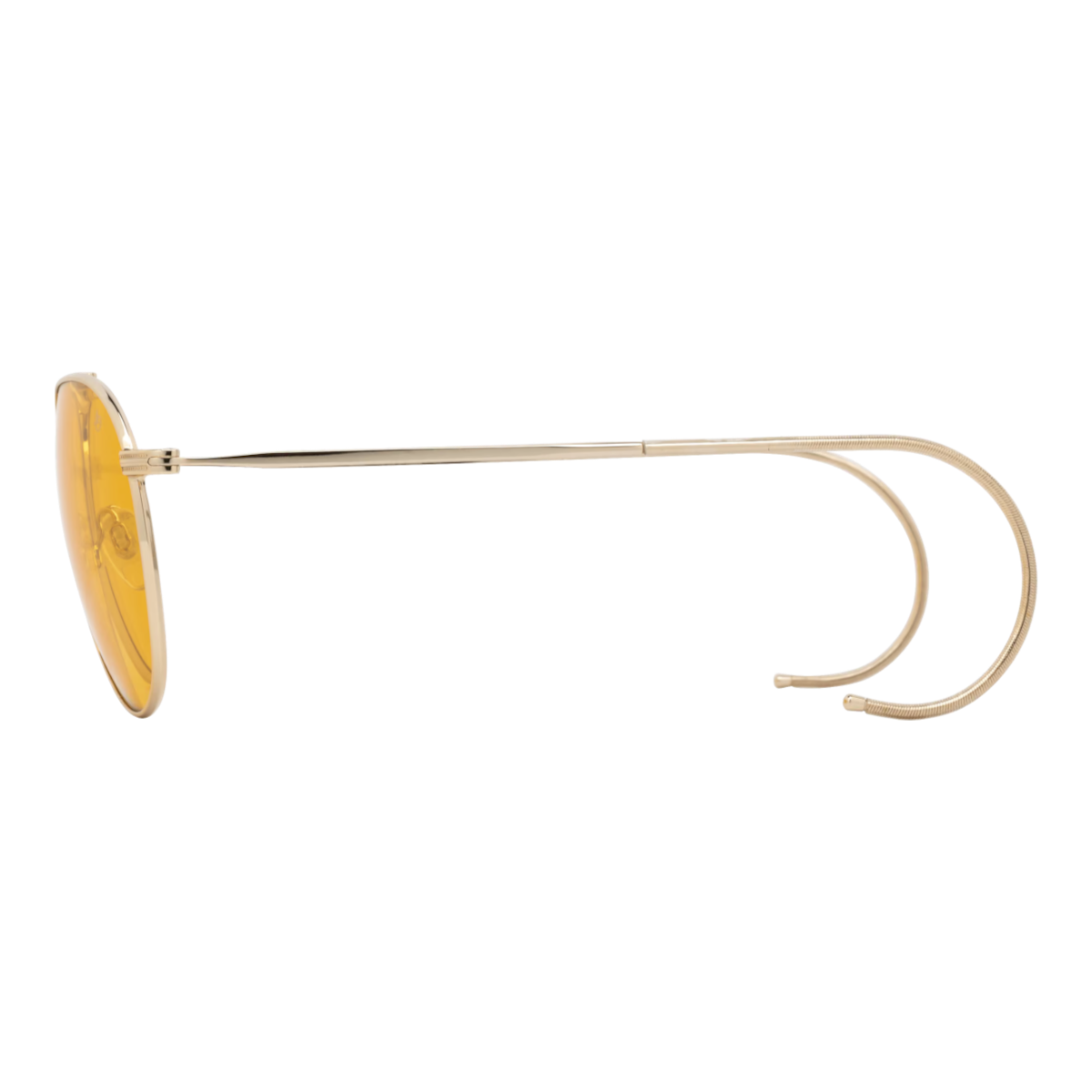 MILWORKS Hazemaster aviator sunglasses with gold frames, orange lenses, and comfort cable temples, side profile view.