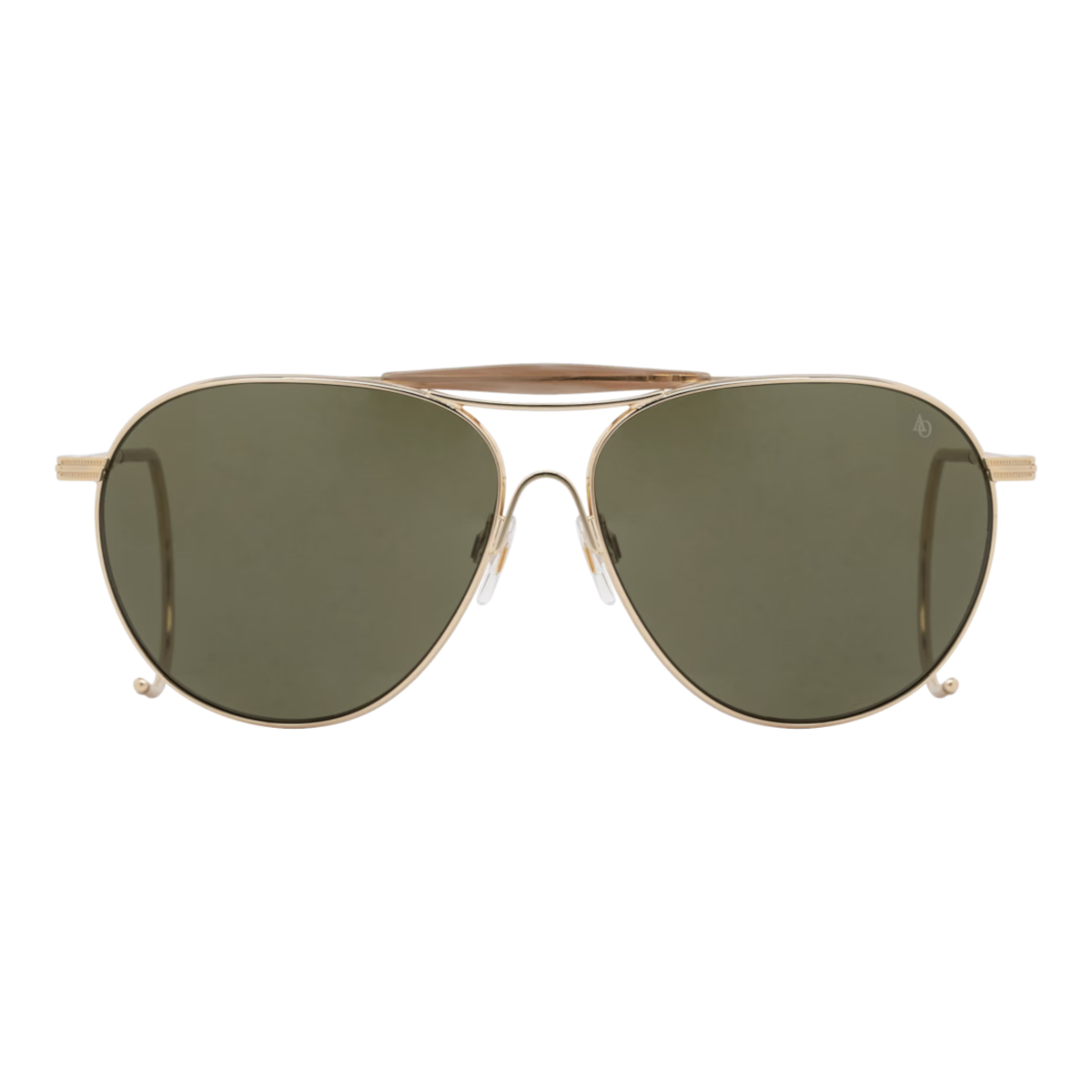 MILWORKS Hazemaster aviator sunglasses with gold frames, green polarized lenses, and a handcrafted acetate sweat bar.