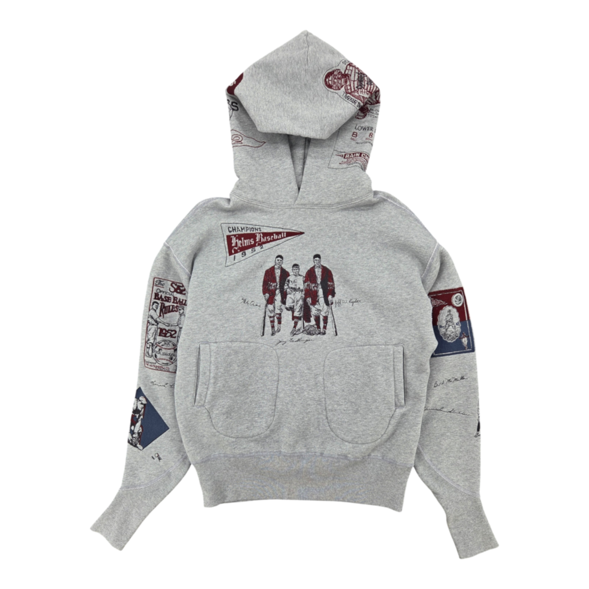 MILWORKS heather grey varsity hoodie featuring vintage-style multicolor baseball embroidery and front pouch pocket