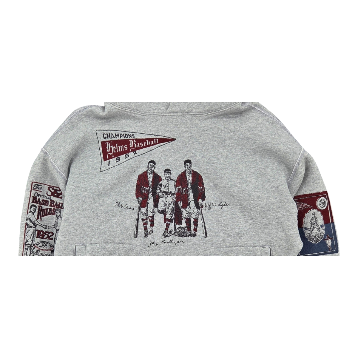 MILWORKS heather grey varsity hoodie featuring vintage baseball-themed multicolor embroidery on the back and sleeves.