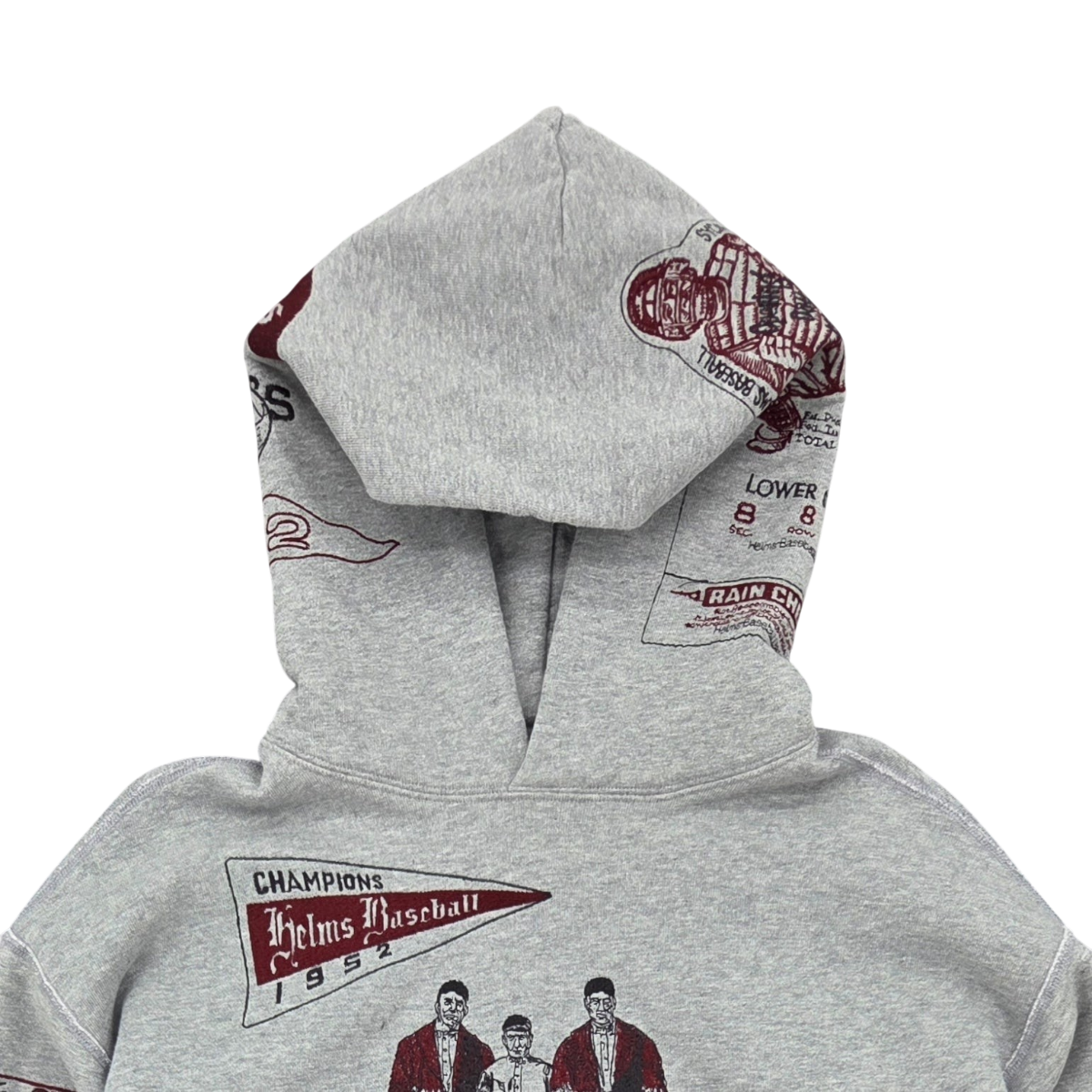 MILWORKS heather grey varsity hoodie featuring vintage-style multicolor baseball embroidery and graphic prints