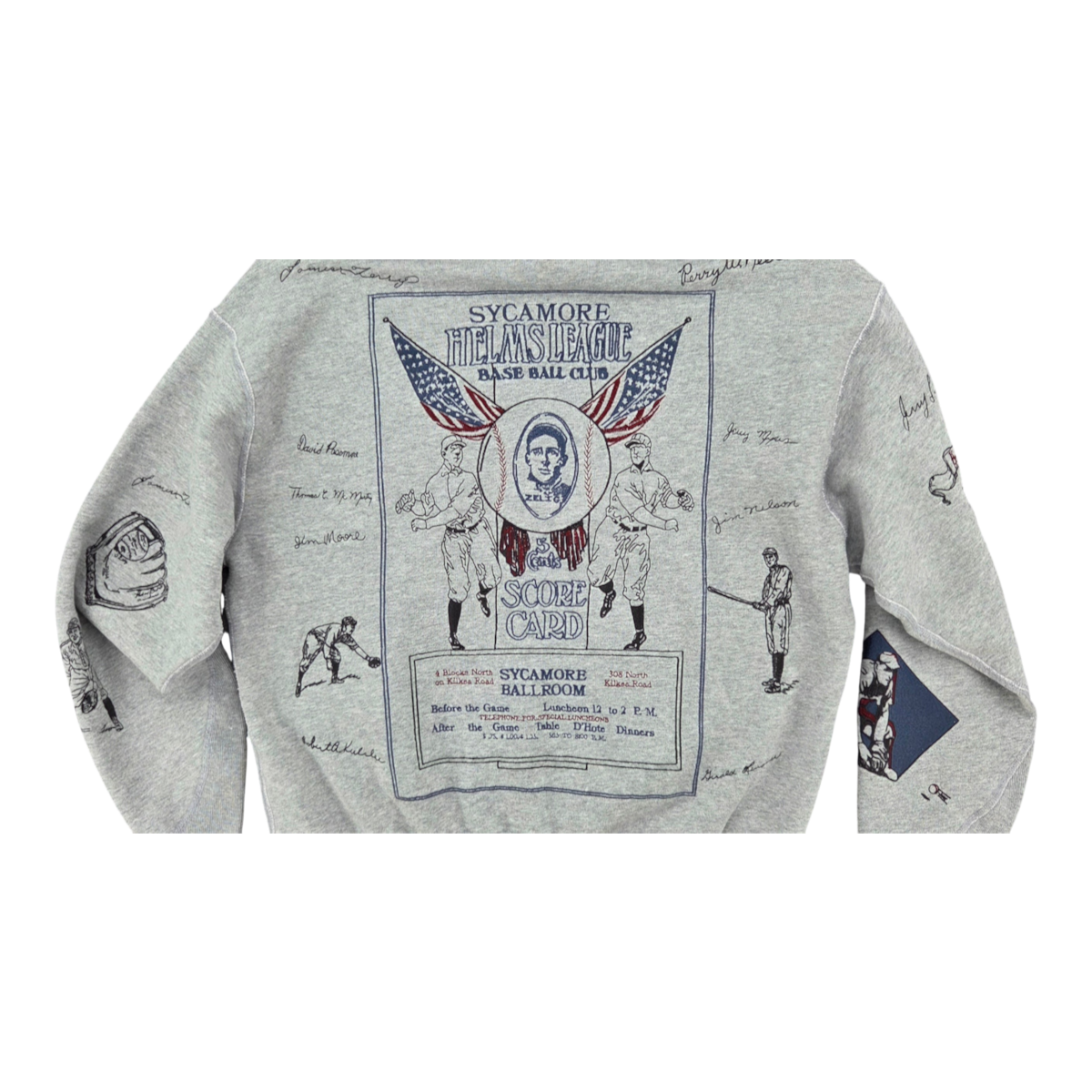 MILWORKS heather grey varsity hoodie featuring vintage baseball club embroidery and signature details on the back