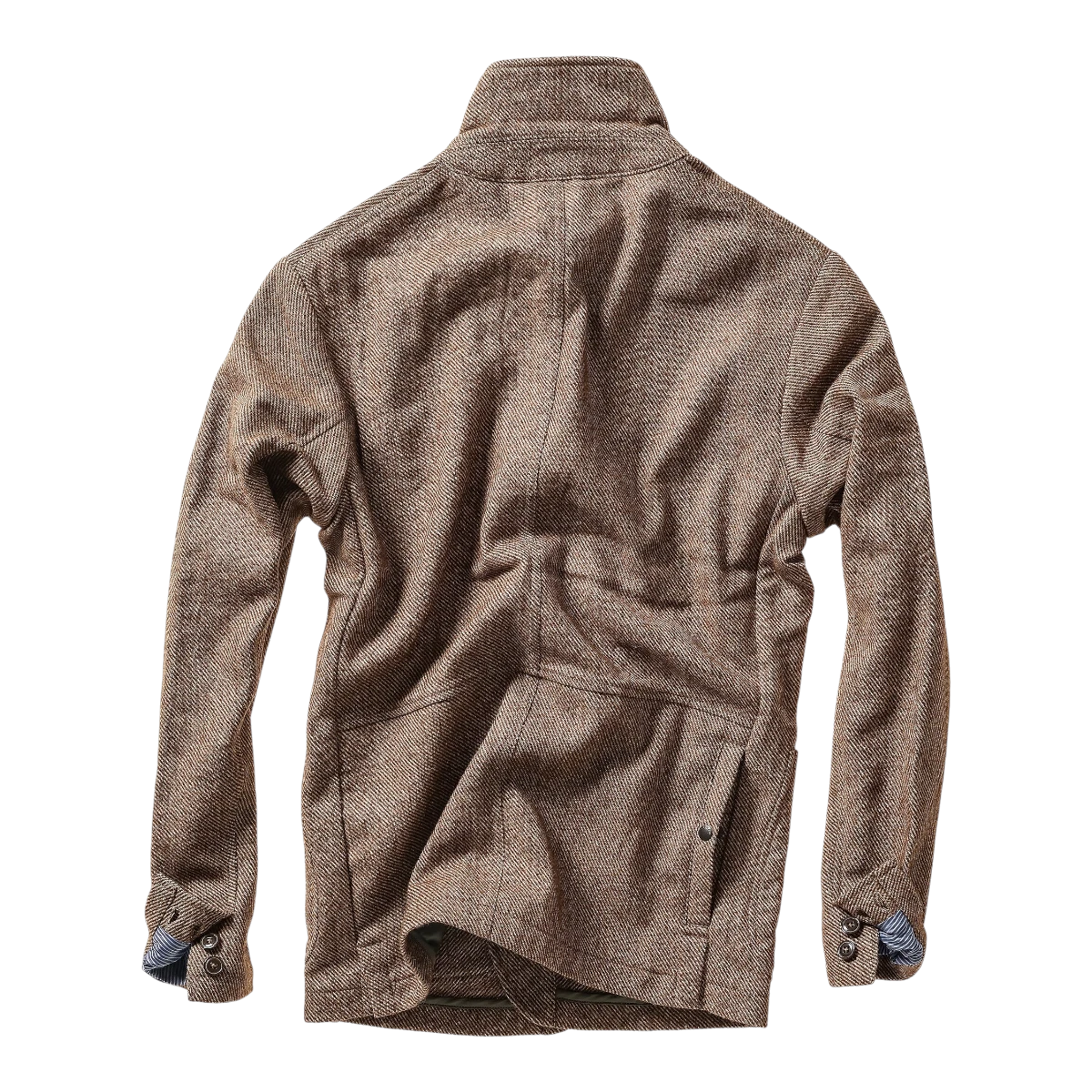 Back view of MILWORKS Relwen Heritage Trap Blazer in rustic brown twill fabric with buttoned cuffs.