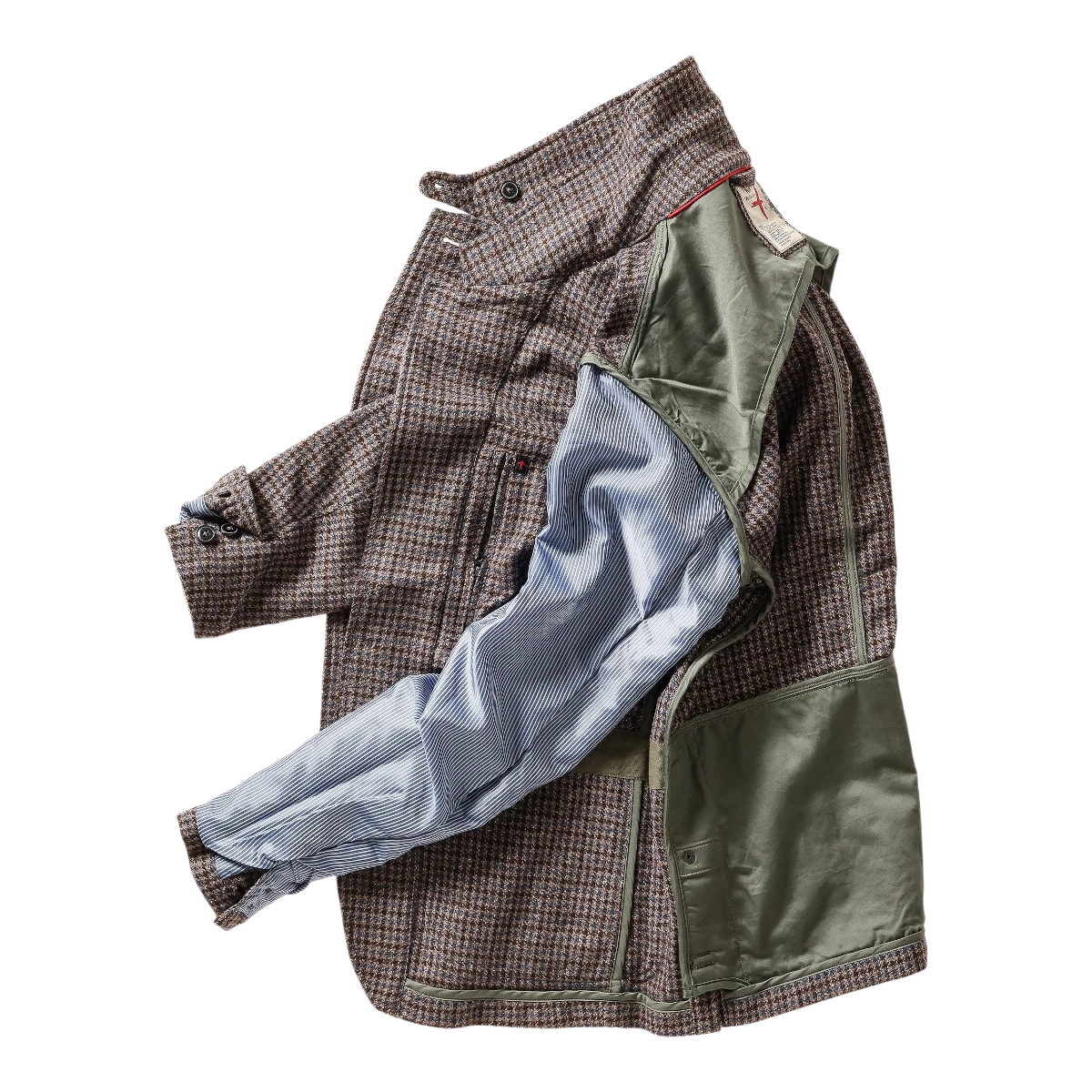 MILWORKS Relwen Heritage Trap Blazer in brown and blue check pattern with olive green lining and striped sleeves
