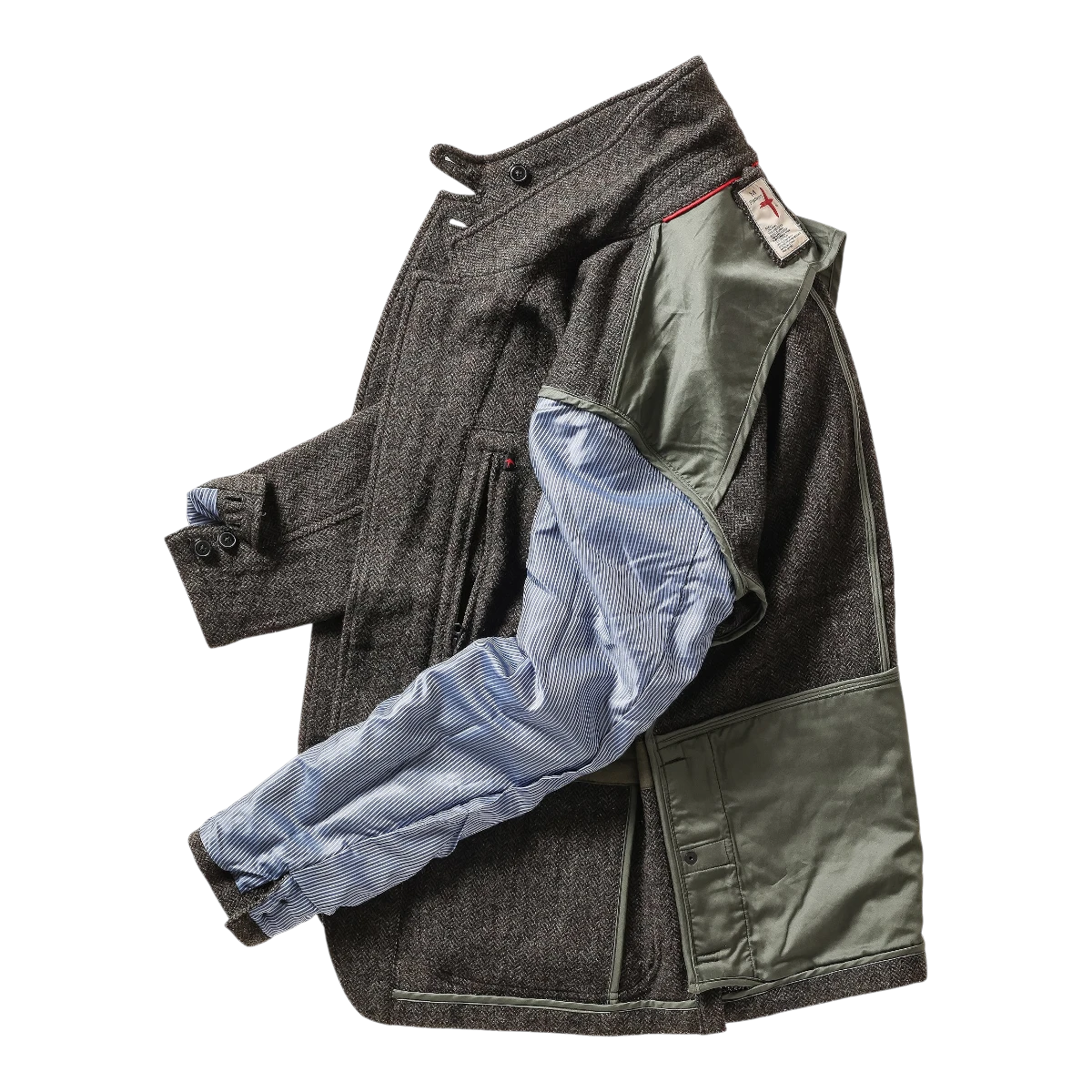 MILWORKS Relwen Heritage Trap Blazer in charcoal olive herringbone wool with blue striped lining and olive panels
