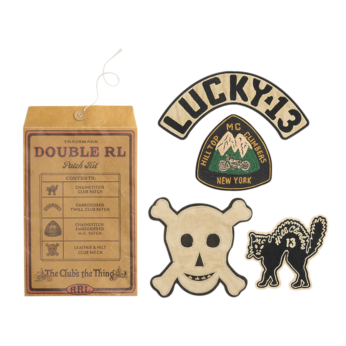MILWORKS Hill Climbers patch set featuring a Lucky 13 club patch, skull patch, and cat patch in various textures.