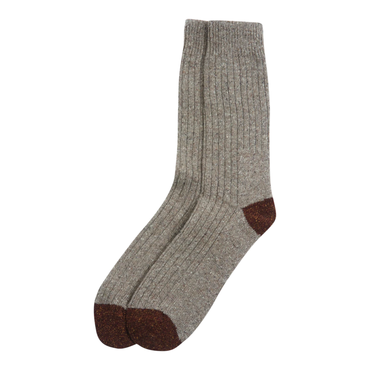 MILWORKS Houghton mid-weight biscuit wool fleck ribbed socks with contrasting dark brown heels and toes