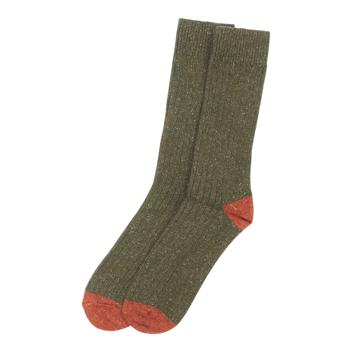 MILWORKS Houghton mid-weight olive wool fleck socks with contrasting burnt orange heels and toes.
