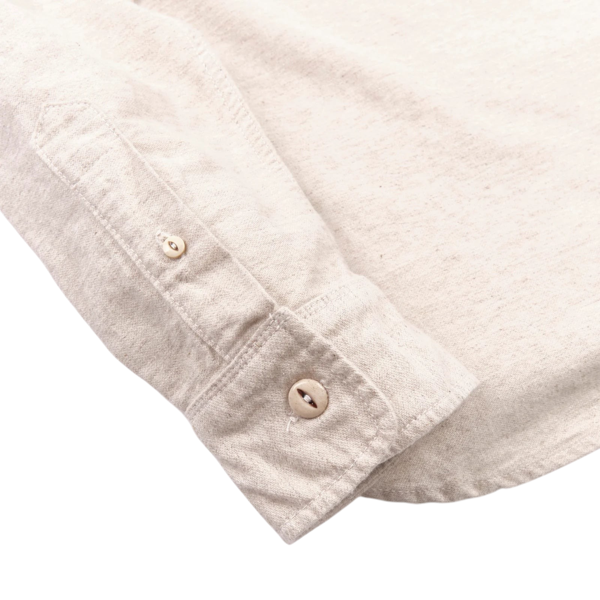 MILWORKS Freenote Cloth Huntsman natural nep western shirt sleeve cuff detail with antiqued bone fisheye buttons
