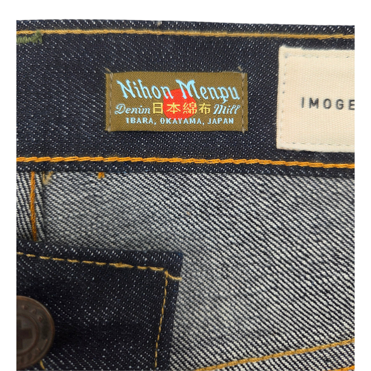 MILWORKS Imogene and Willie indigo selvage denim jeans featuring a Nihon Menpu label and contrast stitching