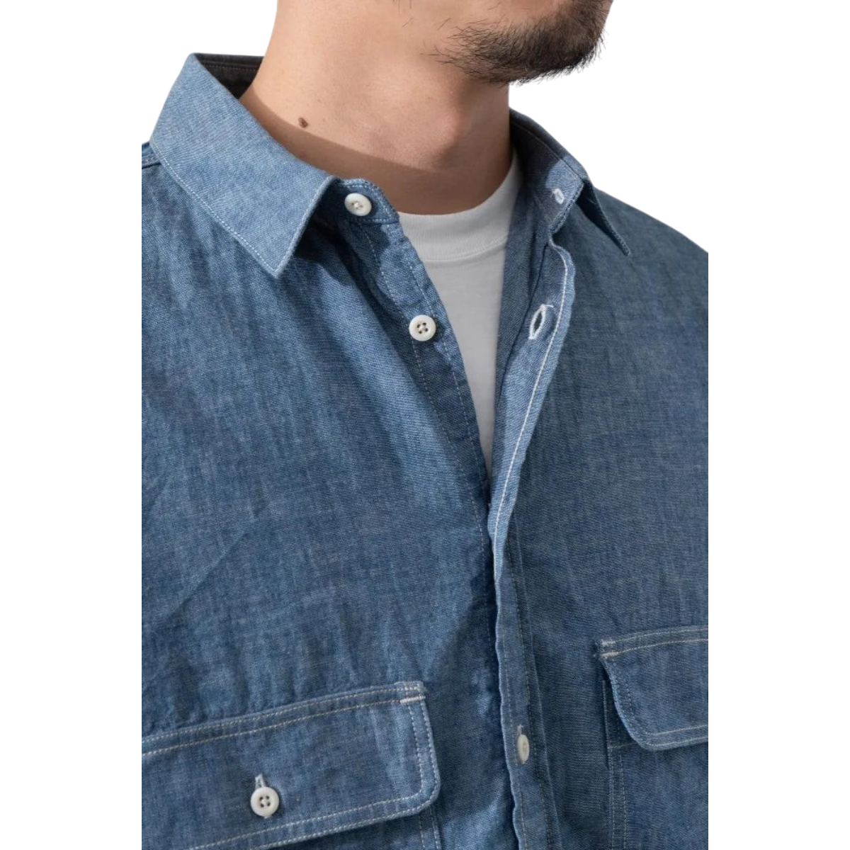 MILWORKS Ordinary Fits indigo chambray cotton work shirt with a classic collar and front button pockets
