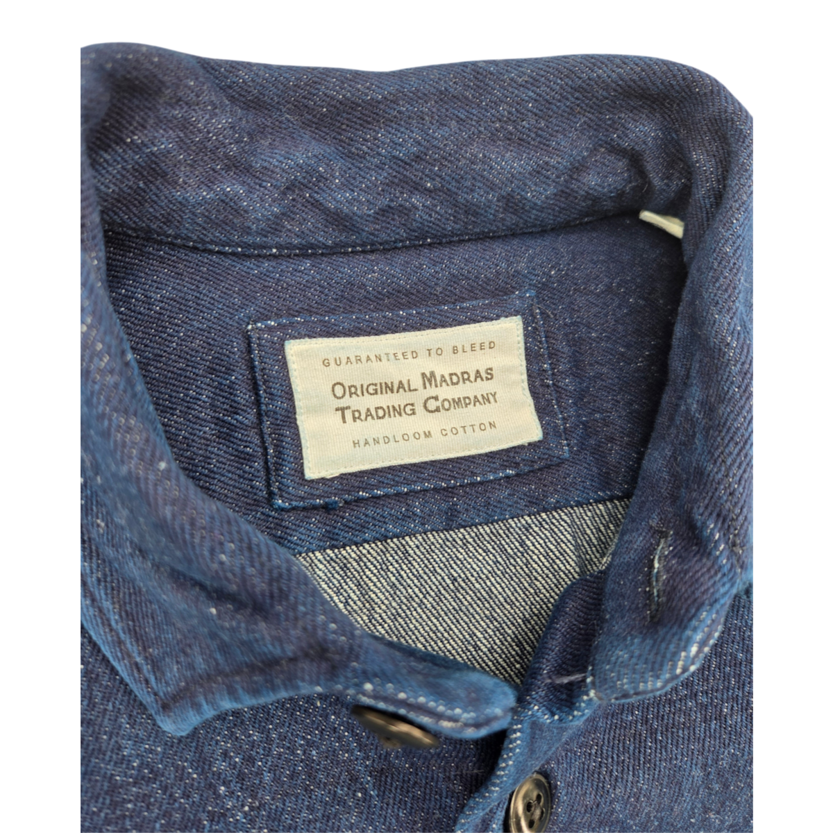 MILWORKS No111 indigo weave denim overshirt with Original Madras Trading Company label inside the collar