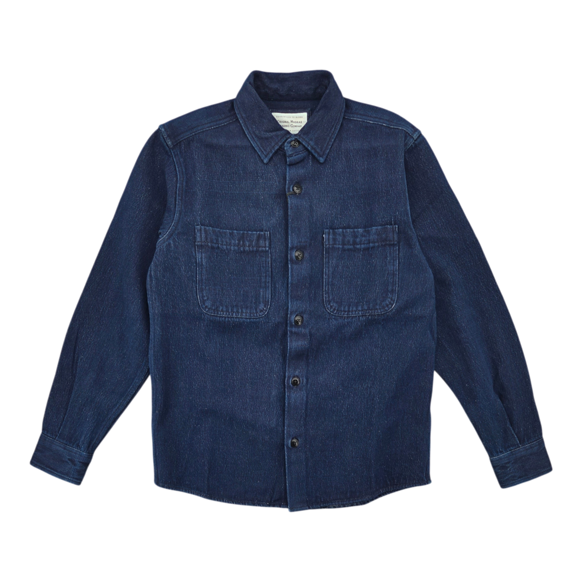 MILWORKS No111 indigo weave denim overshirt with a classic collar, button front, and two chest pockets.