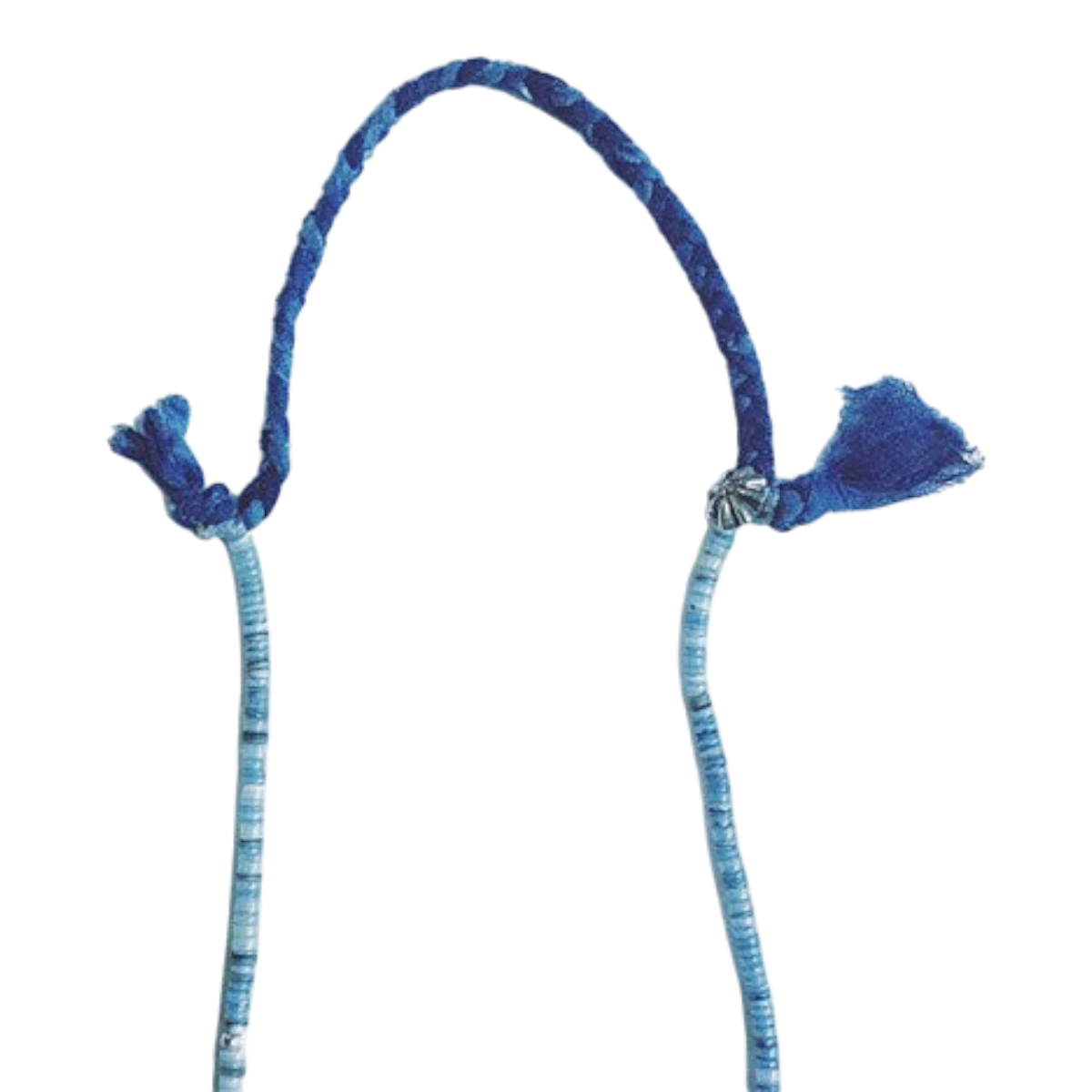 MILWORKS indigo dyed shell bead necklace with braided rope and small Apollo concho detail, handmade in Japan.