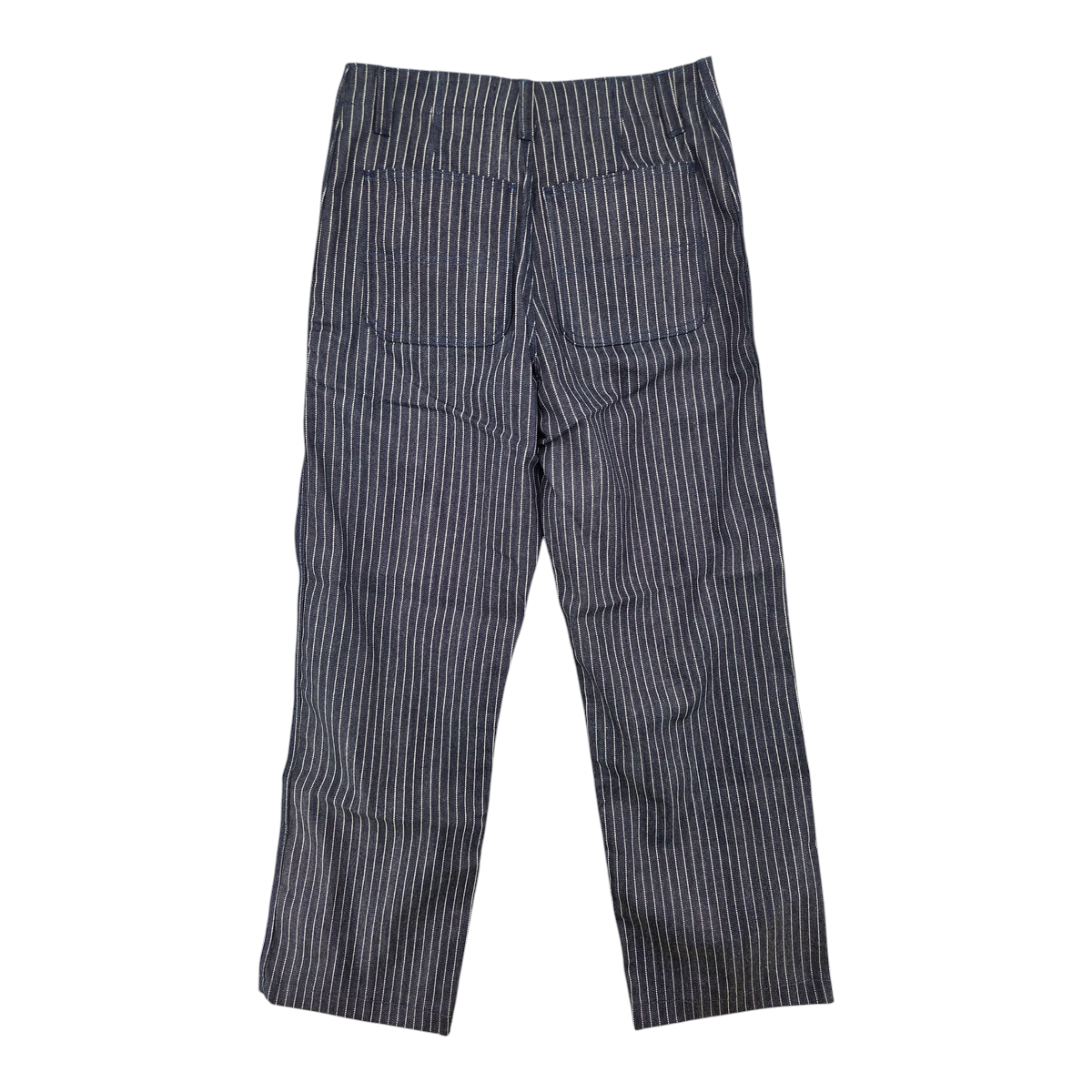 MILWORKS Carpenter Pant in striped rigid indigo denim with oversized back patch pockets, back view.