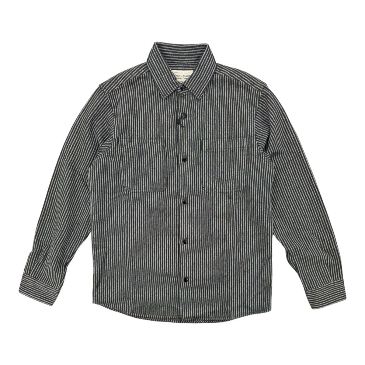 MILWORKS No240 utility shirt in indigo and white striped handwoven cotton with dual chest pockets
