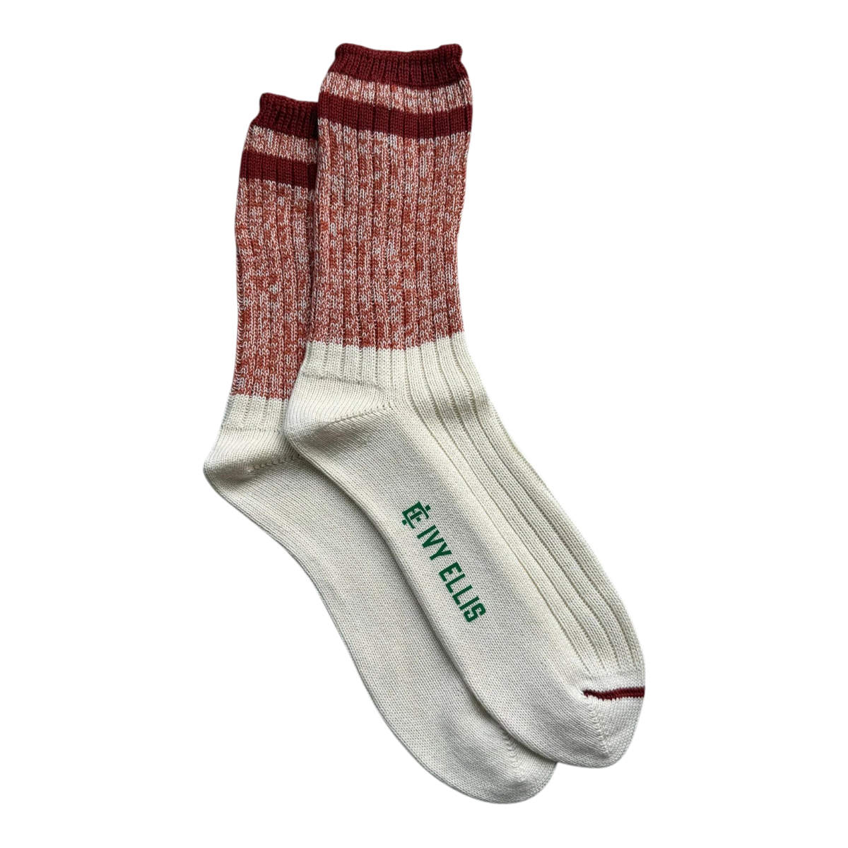 MILWORKS Ivy Ellis The Cho crew socks in rust marl with burgundy striped cuffs and cream reinforced heel and toe.
