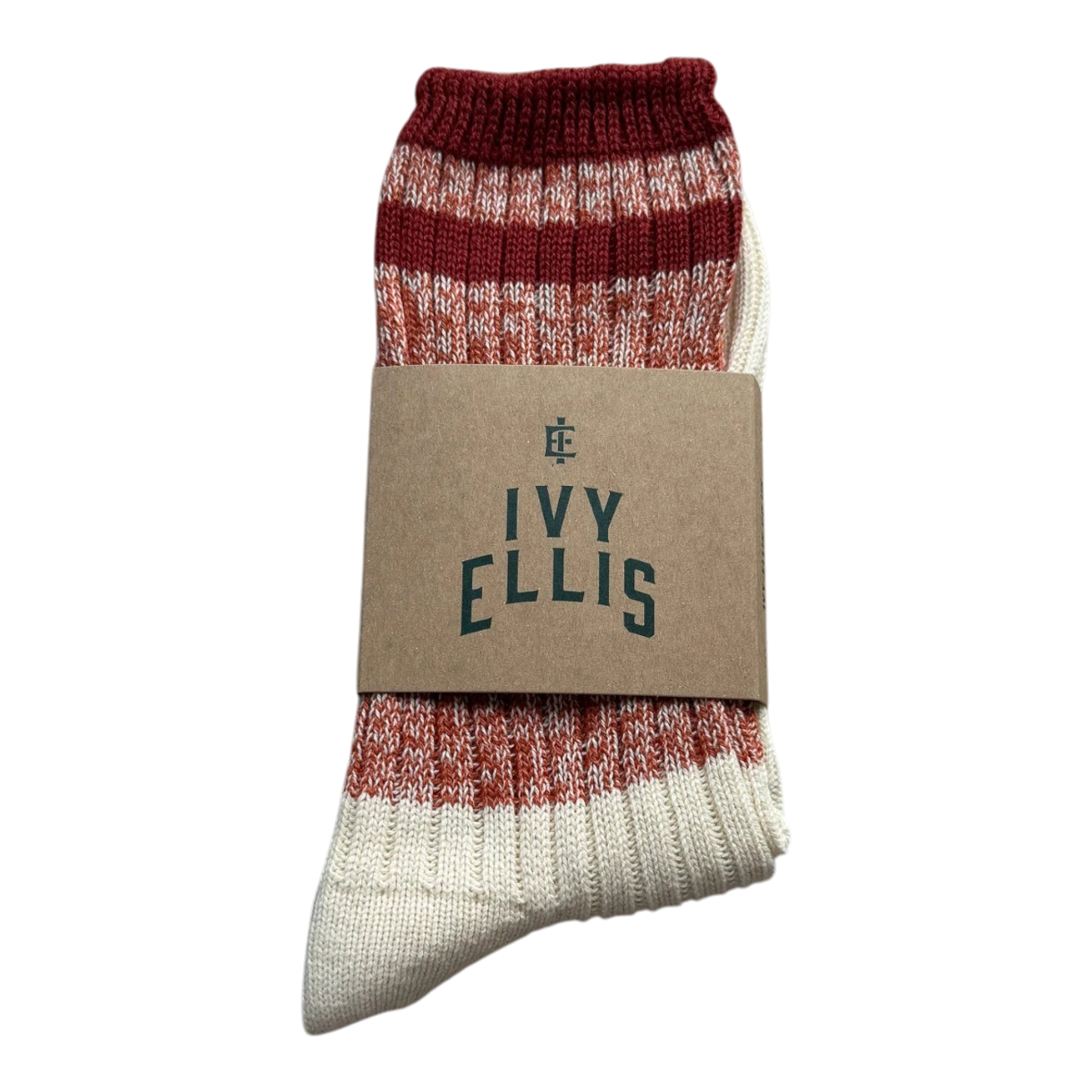 MILWORKS Ivy Ellis The Cho crew socks in rust marl with burgundy striped cuff and cream heel and toe.