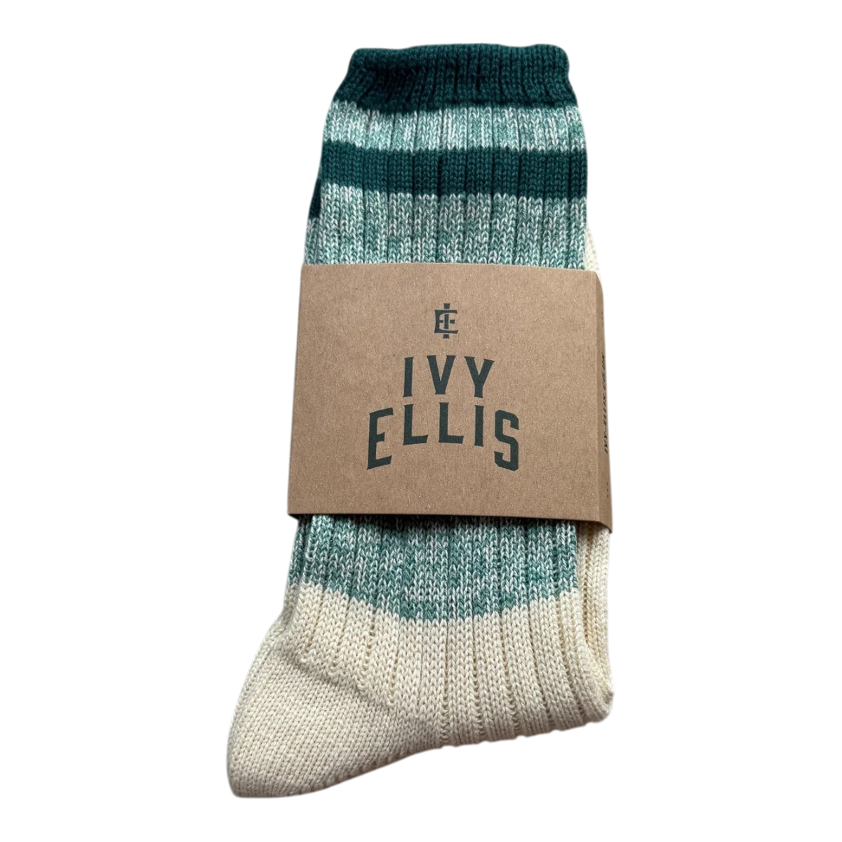 MILWORKS Ivy Ellis K2 crew socks in sage-teal marl with a deep teal striped cuff and cream reinforced heel and toe.