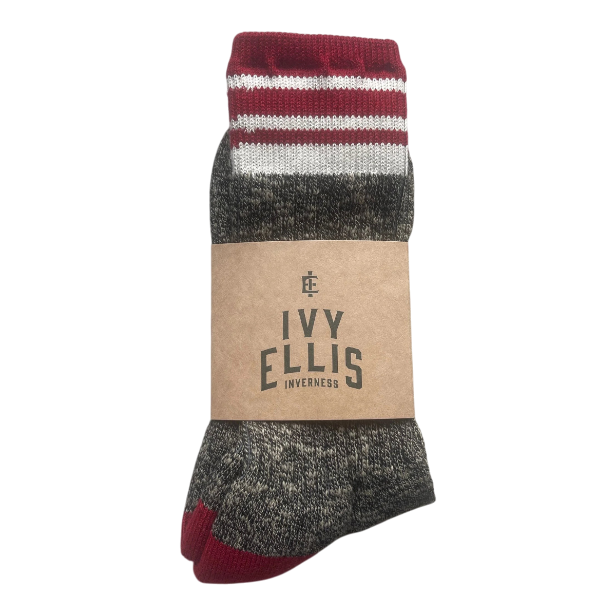 MILWORKS Ivy Ellis The Strathy crew socks in dark grey slub cotton with burgundy heel, toe, and striped cuff.
