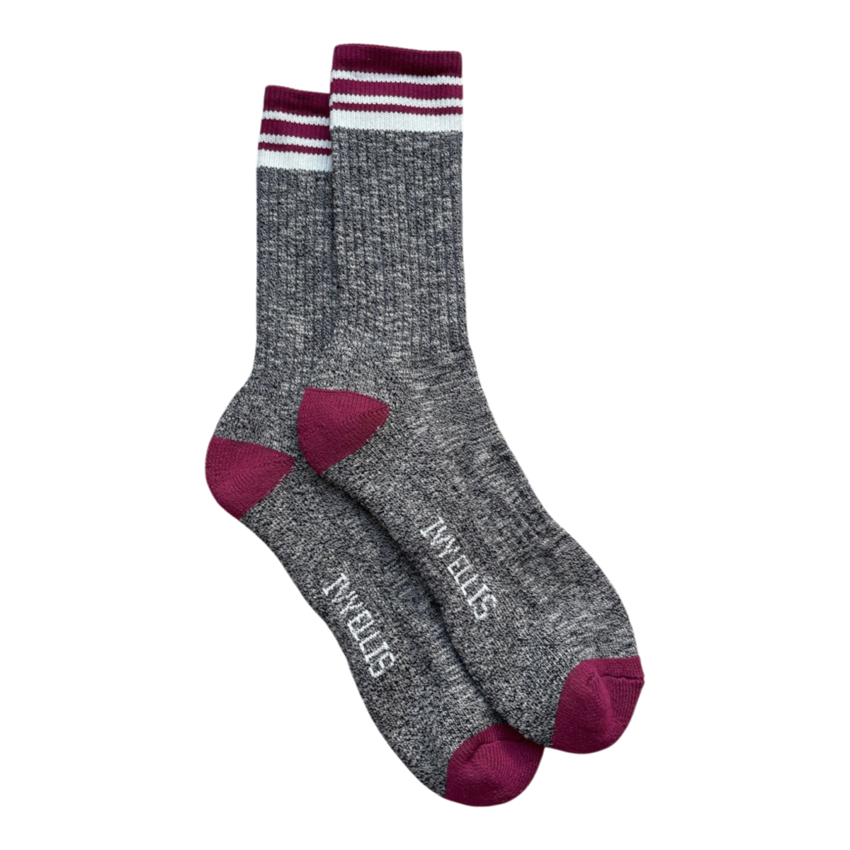 MILWORKS Ivy Ellis The Strathy crew socks in dark grey slub cotton with burgundy heel, toe, and striped cuff.