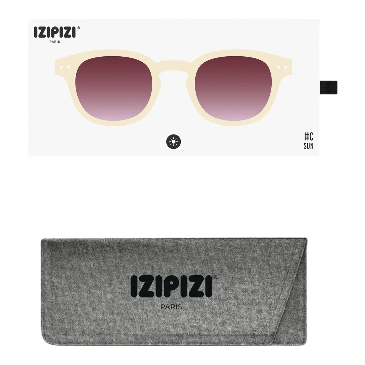 MILWORKS IZIPIZI #C vintage cream sunglasses with opaque frames and gradient purple lenses, shown with a grey felt case.