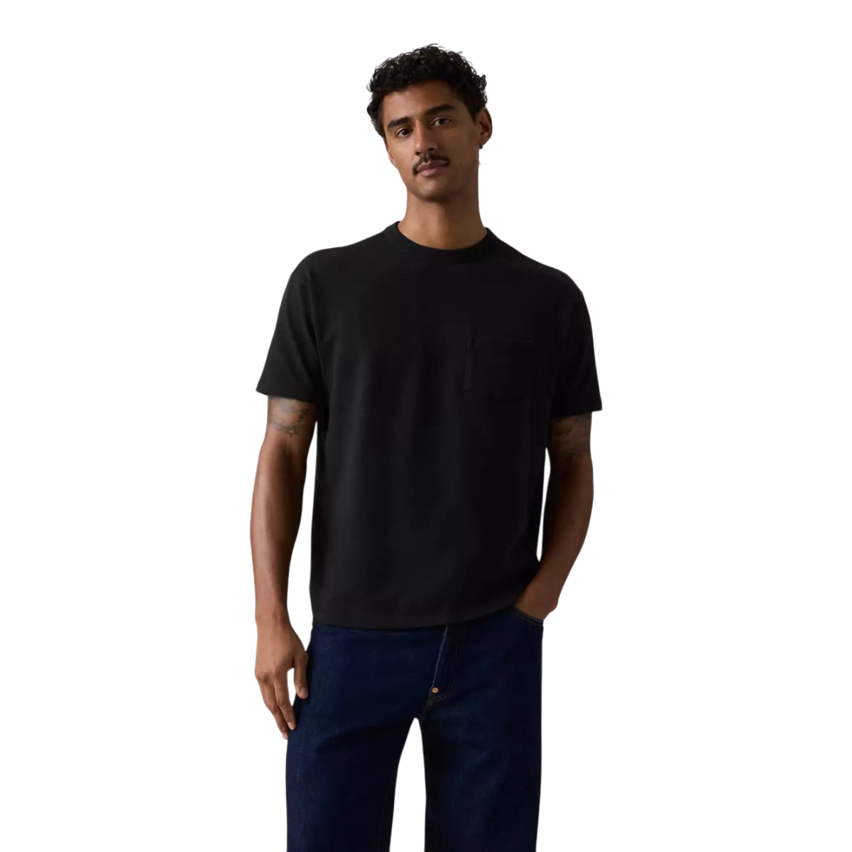 MILWORKS model wearing a jet black heavyweight cotton crew neck t-shirt with a chest pocket and standard fit
