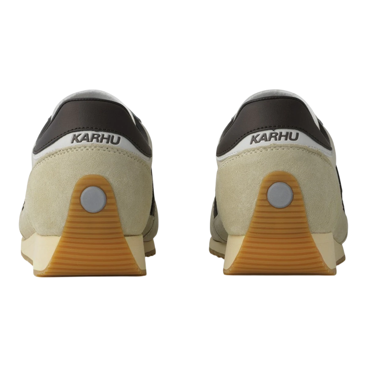 MILWORKS Karhu Mestari 76 sneakers in gravel and chocolate brown suede and nylon, rear view showing heel detail