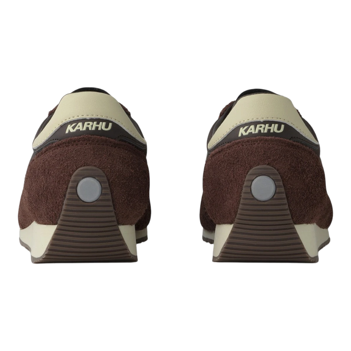 MILWORKS Karhu Mestari 76 sneakers in marron brown and cloud cream suede, showing rear view with reflective heel detail