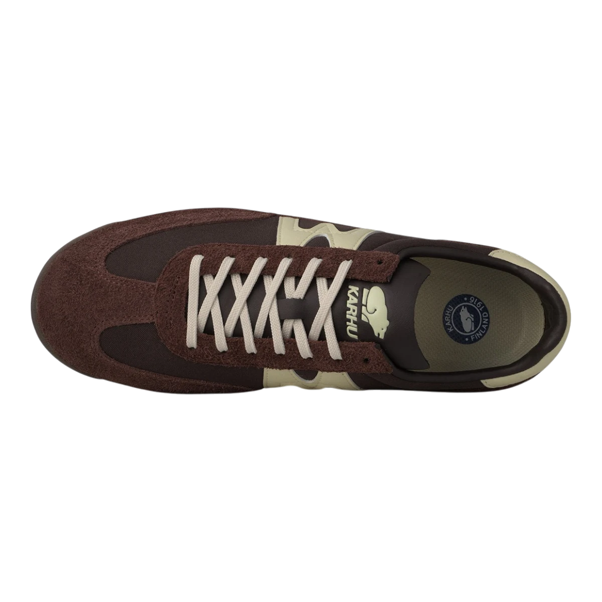 MILWORKS Karhu Mestari 76 sneakers in marron brown suede and nylon with cloud cream accents, top-down view.