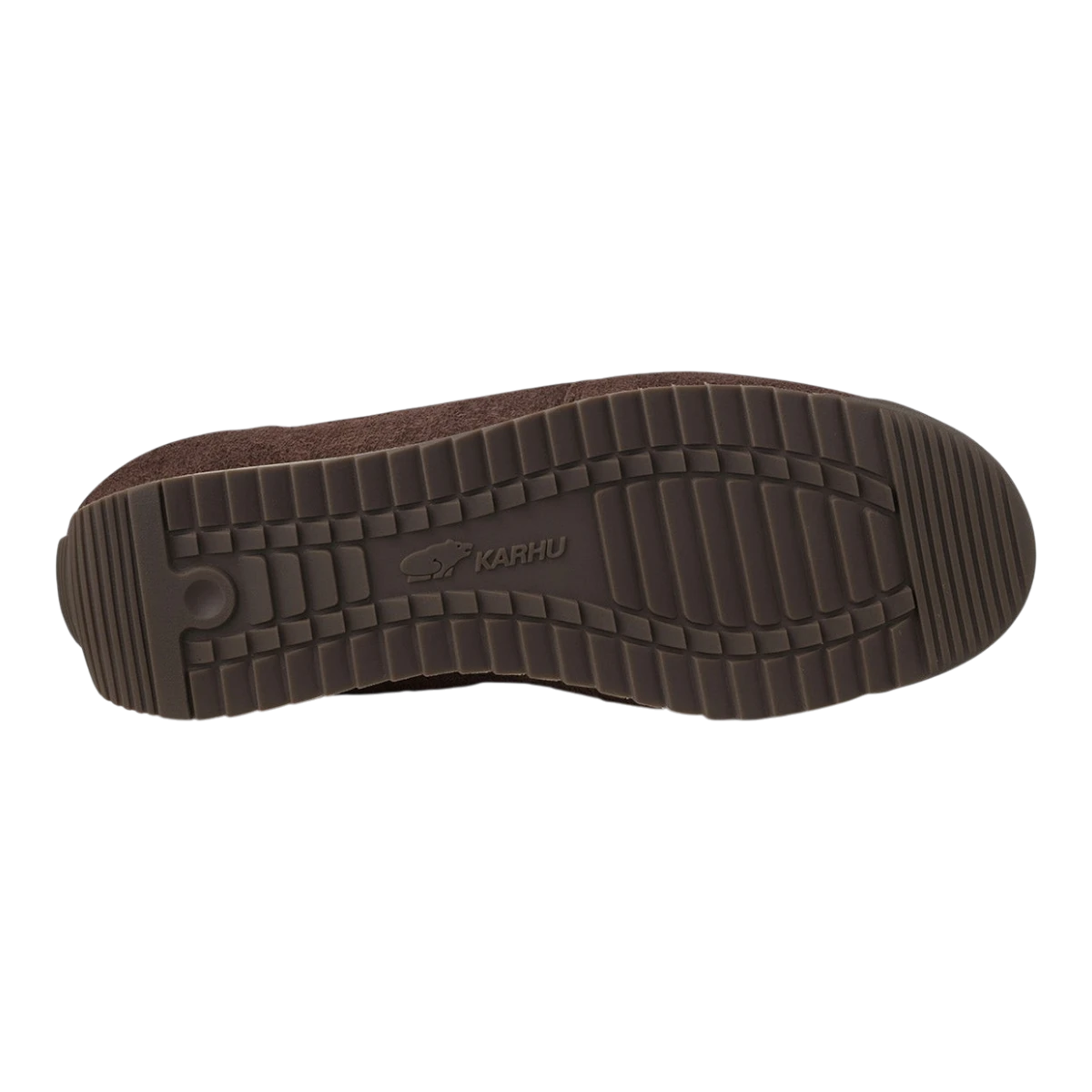 MILWORKS Karhu Mestari 76 sneaker showing the brown rubber outsole with textured grip and embossed logo