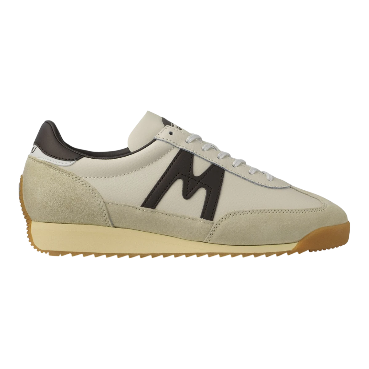 MILWORKS Karhu Mestari 76 sneakers in gravel and chocolate brown suede and nylon with a classic air cushion midsole