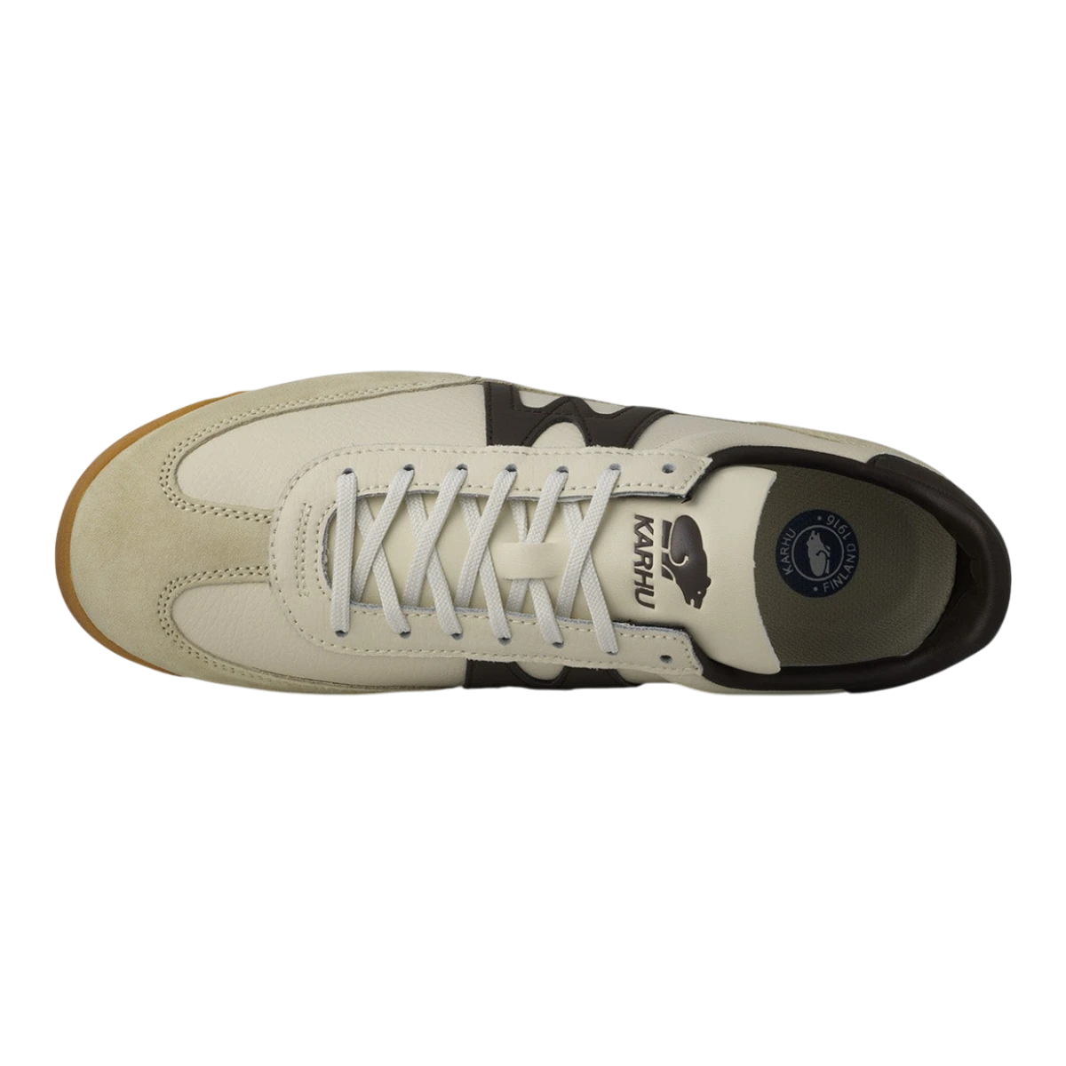 MILWORKS Karhu Mestari 76 sneaker in gravel and chocolate brown suede and nylon with a classic air cushion midsole