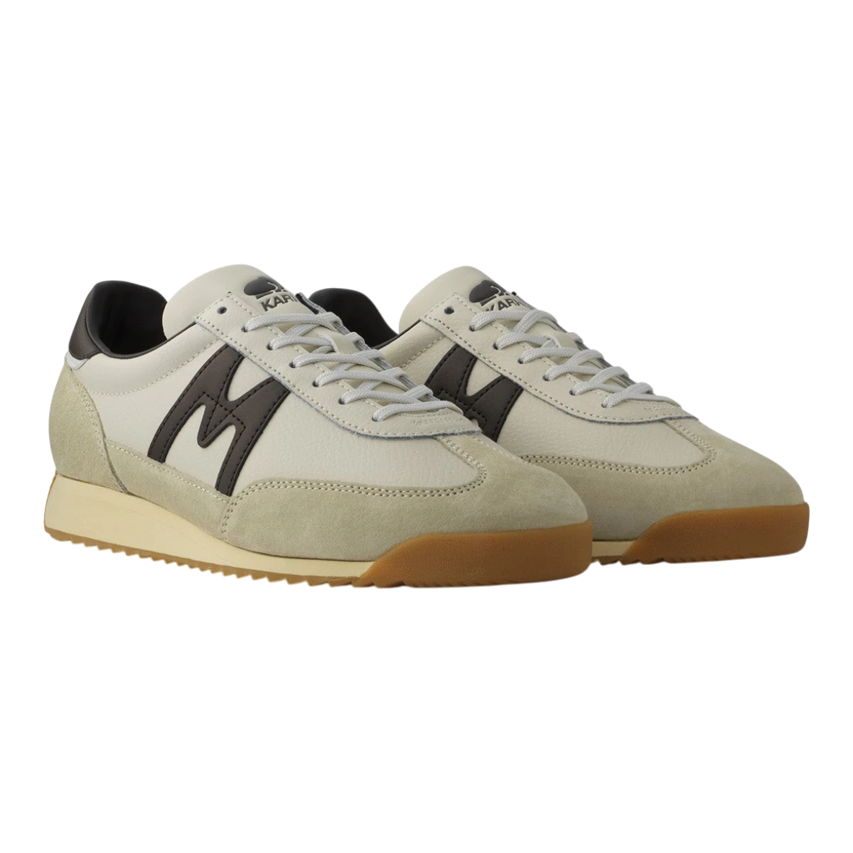 MILWORKS Karhu Mestari 76 sneakers in gravel and chocolate brown suede and nylon with a gum rubber sole