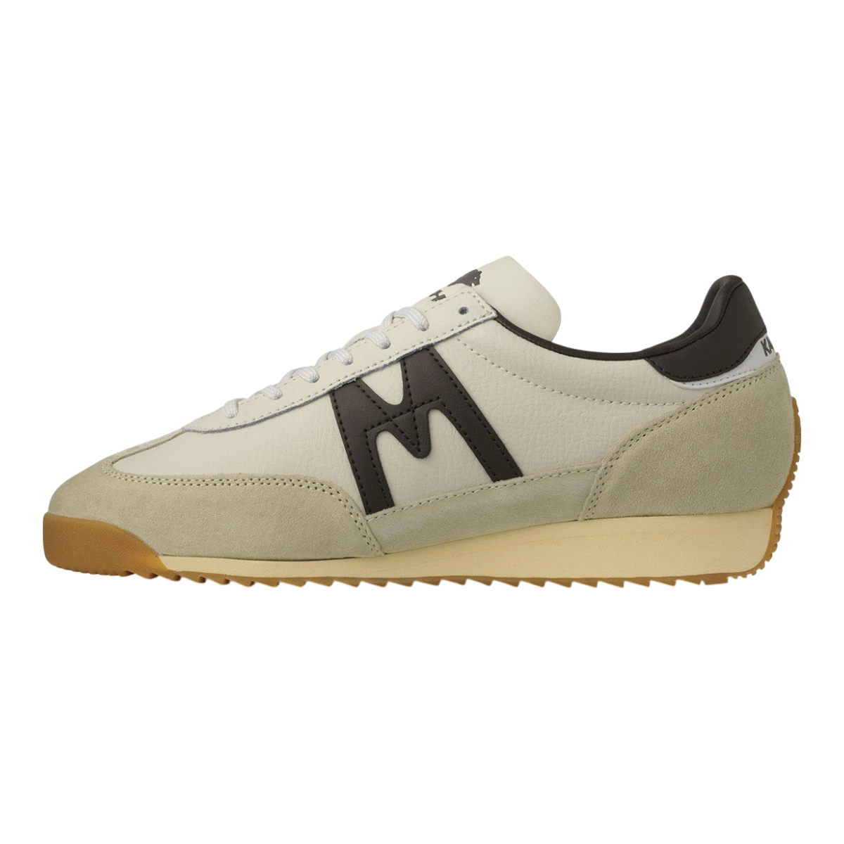 MILWORKS Karhu Mestari 76 sneakers in gravel and chocolate brown suede and nylon with a gum rubber sole.