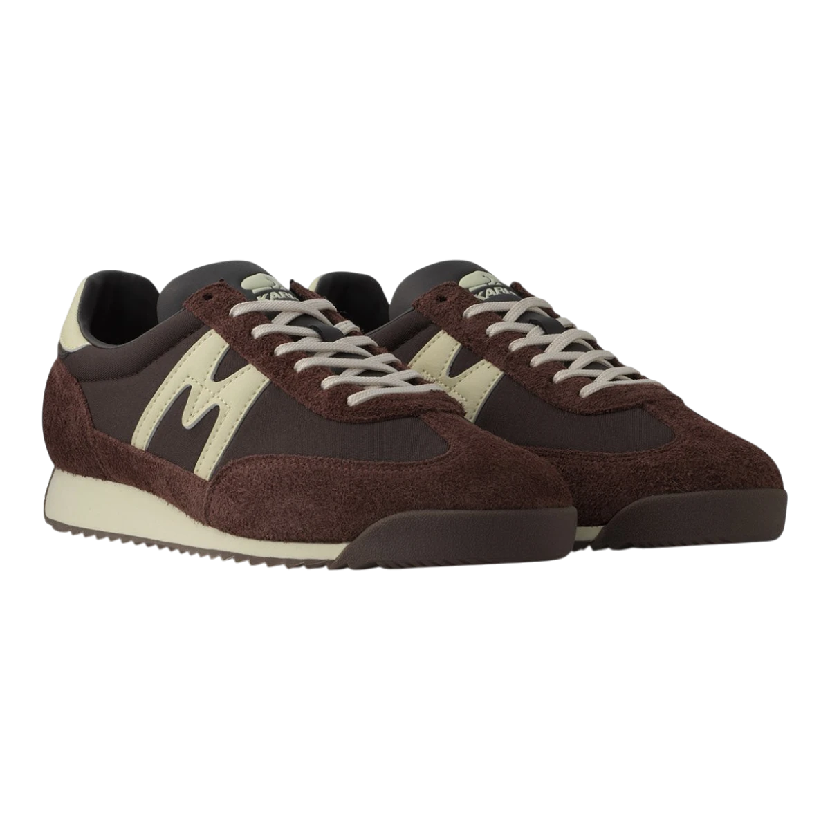 MILWORKS Karhu Mestari 76 sneakers in marron brown suede and nylon with cloud cream M-logo and air cushion midsole