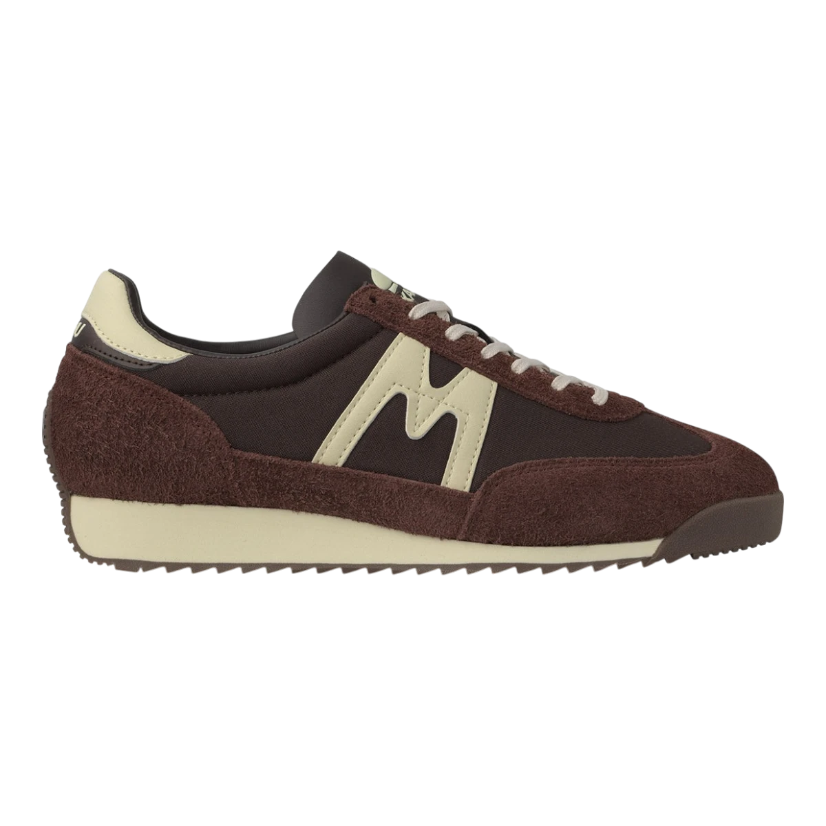 MILWORKS Karhu Mestari 76 sneaker in marron brown suede and nylon with cloud cream leather M-logo and air cushion sole